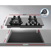 Devanti Gas Cooktop 60cm 4 Burner Ceramic Glass Cook Top Stove Hob Cooker LPG NG