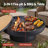 Grillz Fire Pit Table with Lid Deep Fire Bowl Wood Burning BBQ Grill for Backyard Camping Patio Picnic