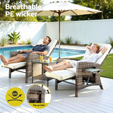Gardeon 3PC Outdoor Bistro Set Recliner Chairs Table Sun lounge Patio Furniture Wicker Adjustable