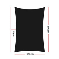 3x6m Instahut Shade Sail Rectangle 280GSM 98% Black Shade Cloth