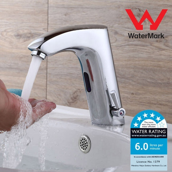 Product Details:

    - Function: Automatic Sensor Control Sink Tap - Australia Standard
    - Finish: Chrome
    - Material: Solid Brass
    - Installation: One Hole Deck mounted install
    - For Hot and Cold Mixed Water, adjustable.
    - Power by: AC240V (50Hz) Australia Standard plug  /OR - DC (4xAA batteries not included)
    - Water pressure: 0.05-0.6MPa
    - Water temperature: 0-80℃
    - Ambient temperature: 0.1-45℃
    - Detection range:100-150mm 
    - Tap Height: 164mm
    - Spout Height: 116mm