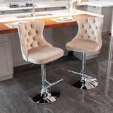 SERENITà Ivory Velvet Bar Stools Adjustable Swivel Counter Height Chairs with Tufted Back and Nailhead Trim for Kitchen Island Pub Restaurant (2Pcs, Chrome Metal)
