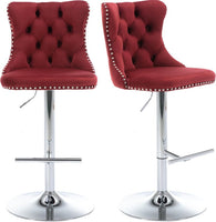 SERENITà Red Velvet Bar Stools Adjustable Swivel Counter Height Chairs with Tufted Back and Nailhead Trim for Kitchen Island Pub Restaurant (2Pcs, Chrome Metal)