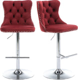 SERENITà Red Velvet Bar Stools Adjustable Swivel Counter Height Chairs with Tufted Back and Nailhead Trim for Kitchen Island Pub Restaurant (2Pcs, Chrome Metal)