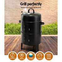 Grillz 3in1 Charcoal BBQ Grill Smoker Portable Outdoor Roaster Steel Camping