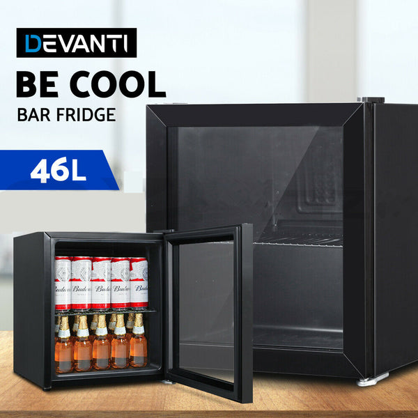 Devanti 46L Glass Door Bar Fridge Mini Countertop Freezer Fridges Bottle Cooler Home New
