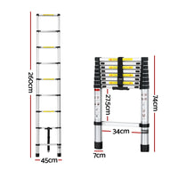 Giantz 2.6M Telescopic Ladder Aluminium Extension Extendable Steps Adjustable Height - Catching Deals