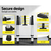 Giantz 2.6M Telescopic Ladder Aluminium Extension Extendable Steps Adjustable Height - Catching Deals