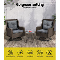 Gardeon 3PC Outdoor Furniture Bistro Set Lounge Wicker Swivel Chairs Table Cushion Black Media 1 of 8